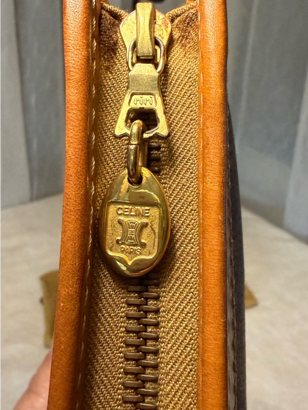 Celine Brown Monogram Canvas  Zip Clutch with Tan Trim - Picture 2 of 5